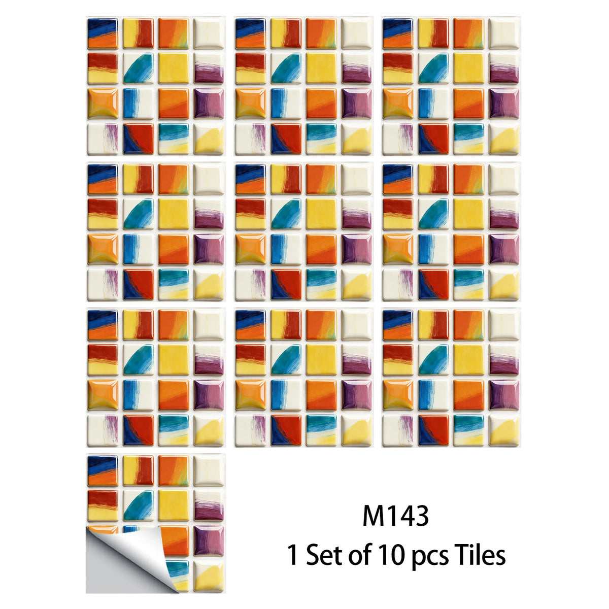 10-piece mosaic tile sticker set with glossy multicolor squares in orange, blue, and yellow