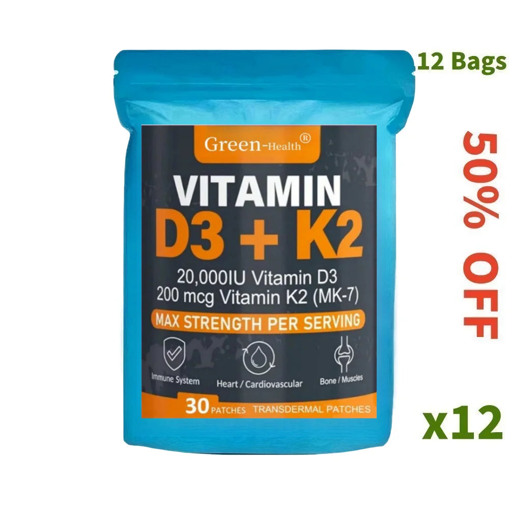 Tidesmit 30 Vitamin D3 & K2 transdermal patches for bone support, calcium absorption, and immune health.