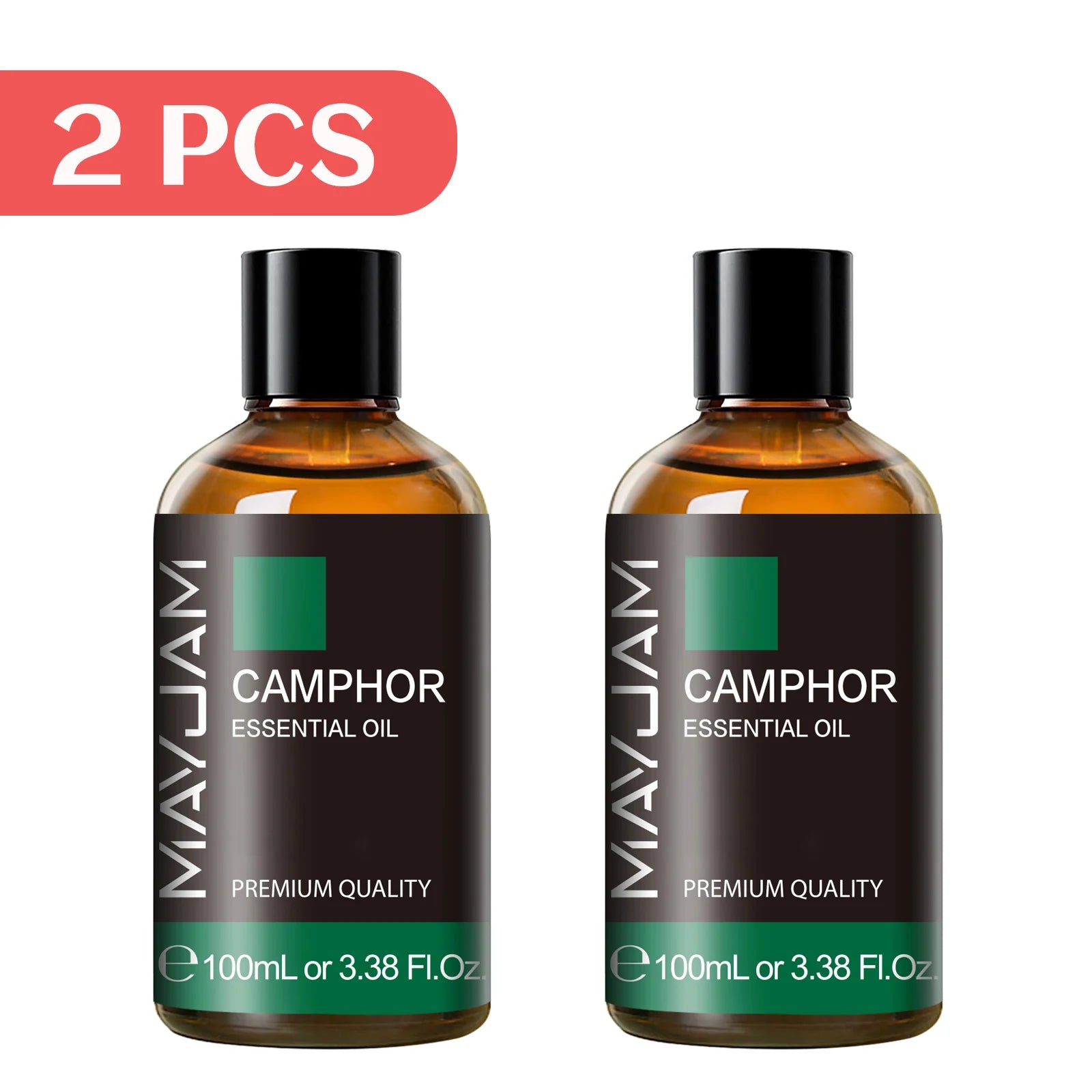 2-pack Camphor essential oil bottles, amber glass, black caps, 100ml