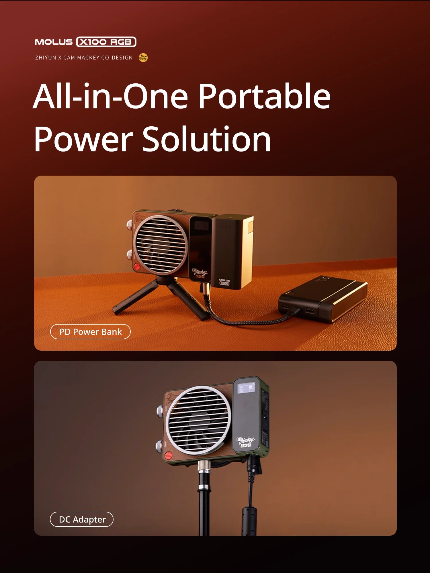 MOLUS X100 RGB light with a brown, vintage-style body and metal fan grille, mounted on a tripod with power accessories.