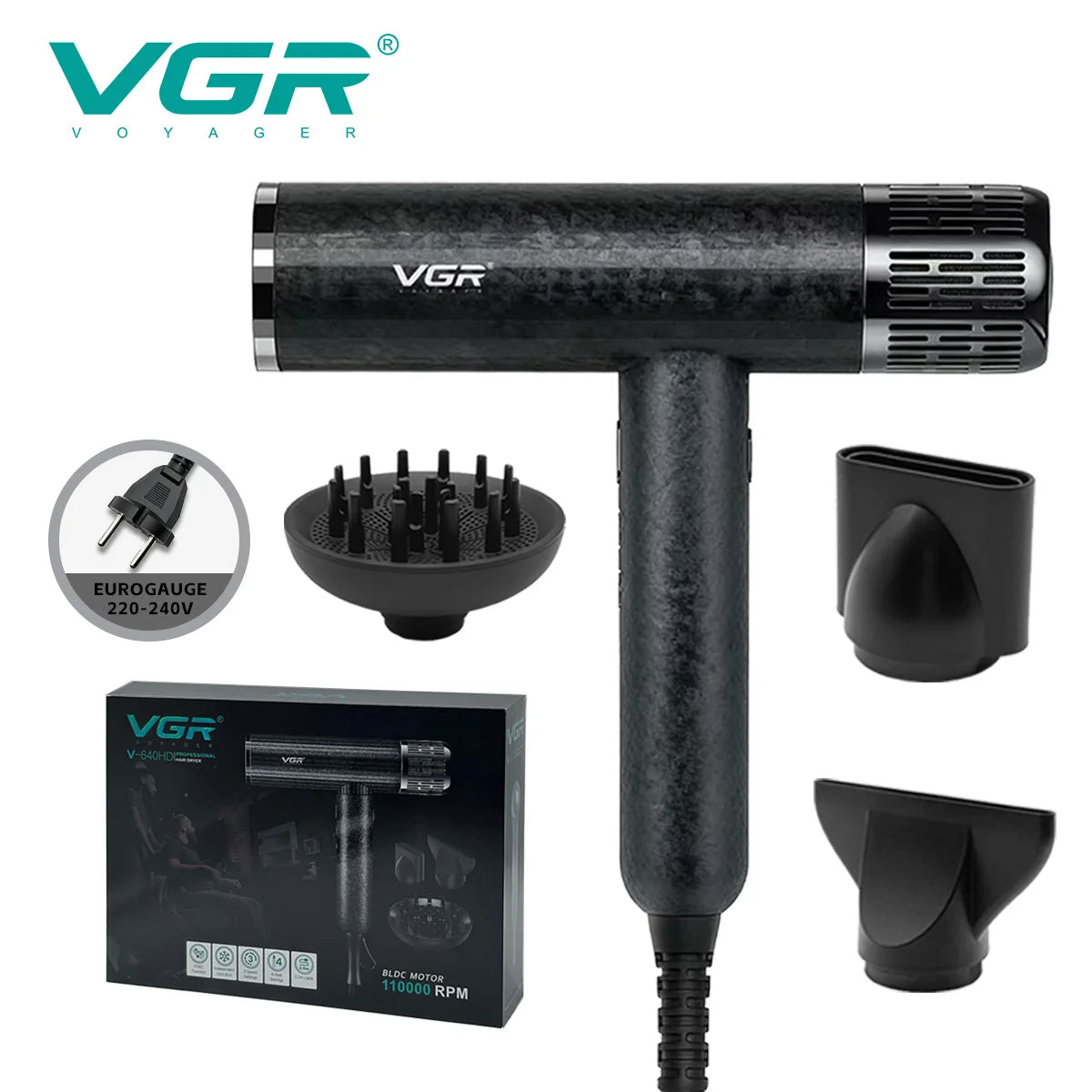 VGR V-640HD professional high-speed hair dryer in black carbon finish with nozzle and diffuser attachments.