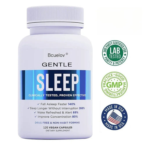 Bcuelov Gentle Sleep supplement, 120 vegan capsules in a white bottle with blue label for better sleep support.