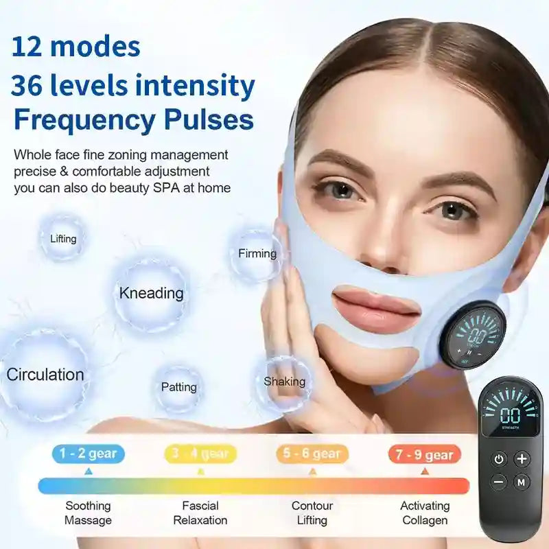 Woman wearing a light blue V-line facial lifting strap with an attached remote control showing intensity levels.
