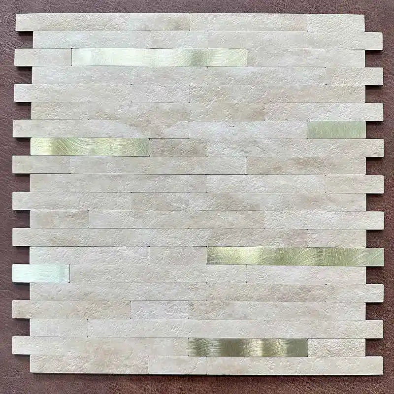 Light gray mosaic peel-and-stick wall tile sheet with rectangular strip pattern