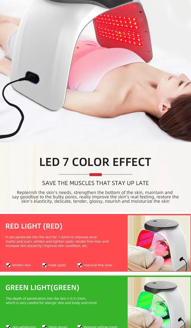 7 color PDT LED light therapy mask for facial rejuvenation, acne removal, and anti-aging home skin treatment.