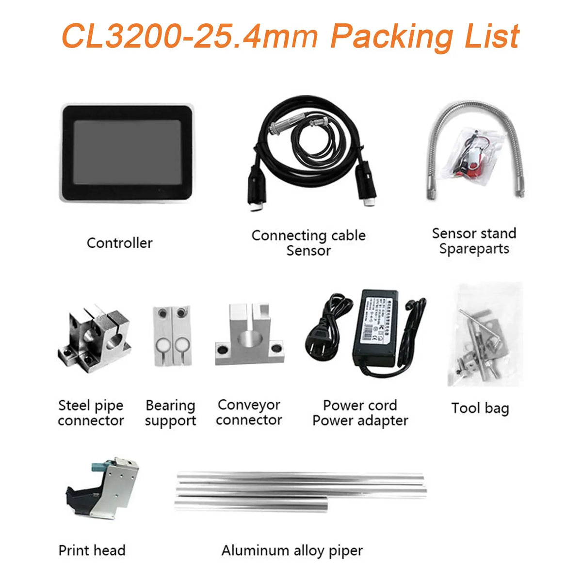 CL3200 25.4mm packing list accessories including controller, cables, sensor, and print head