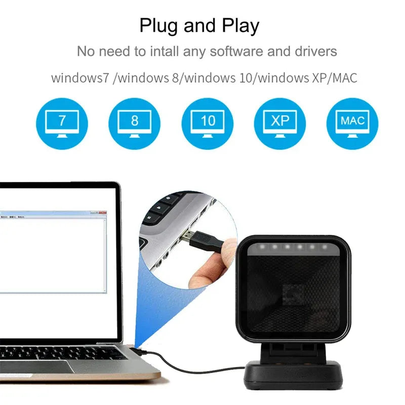 Desktop barcode scanner with USB cable for plug-and-play connection, black and orange