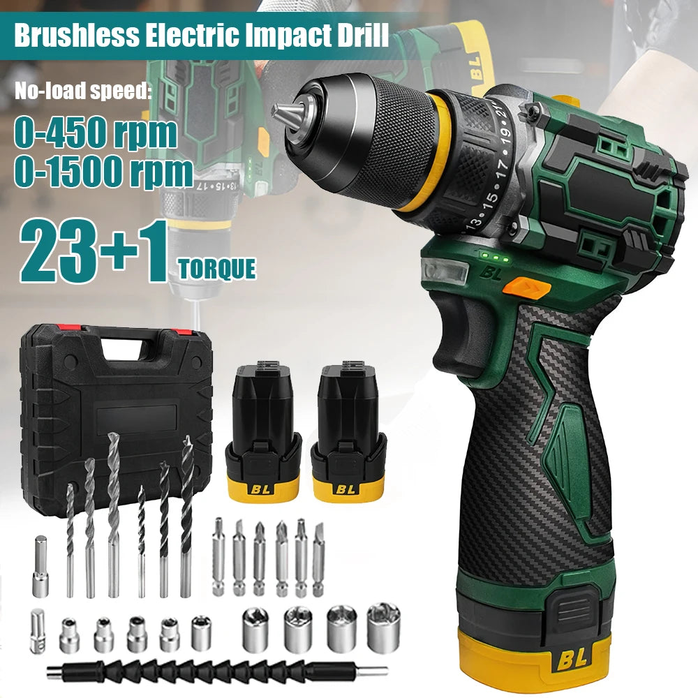 55N.M 10MM 23 + 1 Torque Brushless Electric Impact Drill Metal Ratchet Chuck Cordless Drill Electric Screwdriver DIY Power Tools