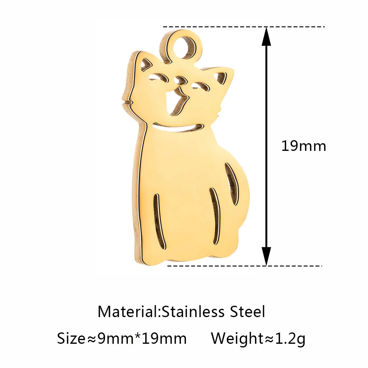 Gold cat charm for DIY jewelry. 19mm stainless steel pendant, perfect for necklaces, bracelets, and pet-themed crafts.