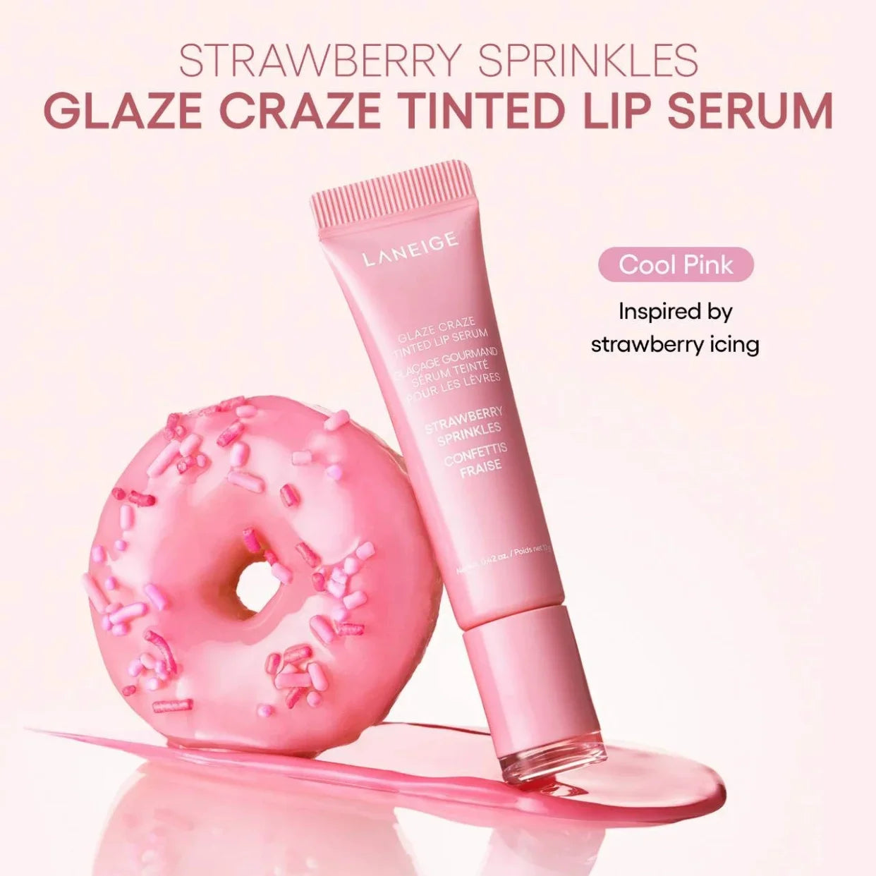 Laneige Glaze Craze Strawberry Sprinkles tinted lip serum in cool pink with glossy texture next to a pink donut.