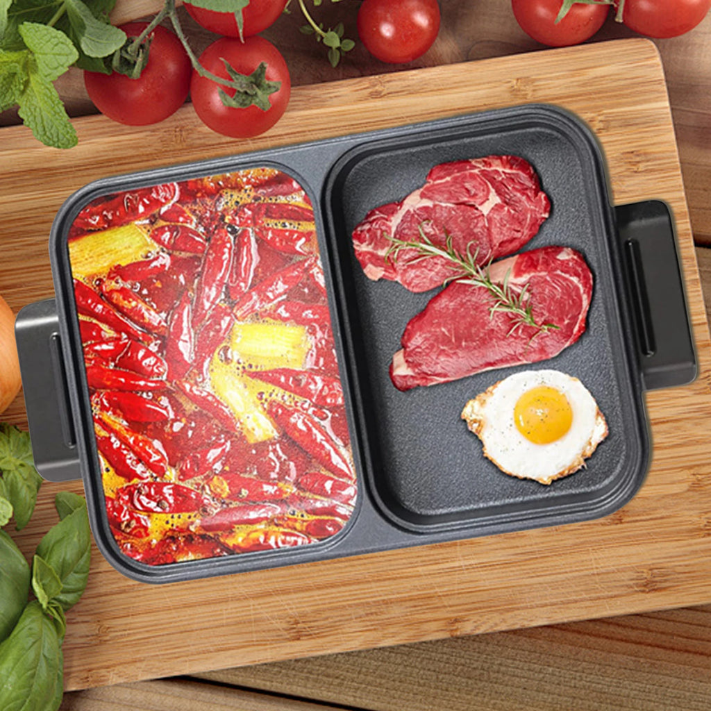 Black 2-in-1 electric hot pot and grill with dual nonstick trays holding meats and eggs