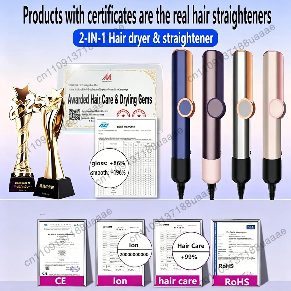 2-in-1 negative ion hair dryer and straightener in blue, purple, silver, and gold. Professional styling tool set.