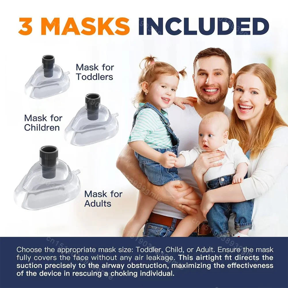 Choking rescue device with 3 clear masks for toddlers, children, and adults for emergency airway obstruction first aid.