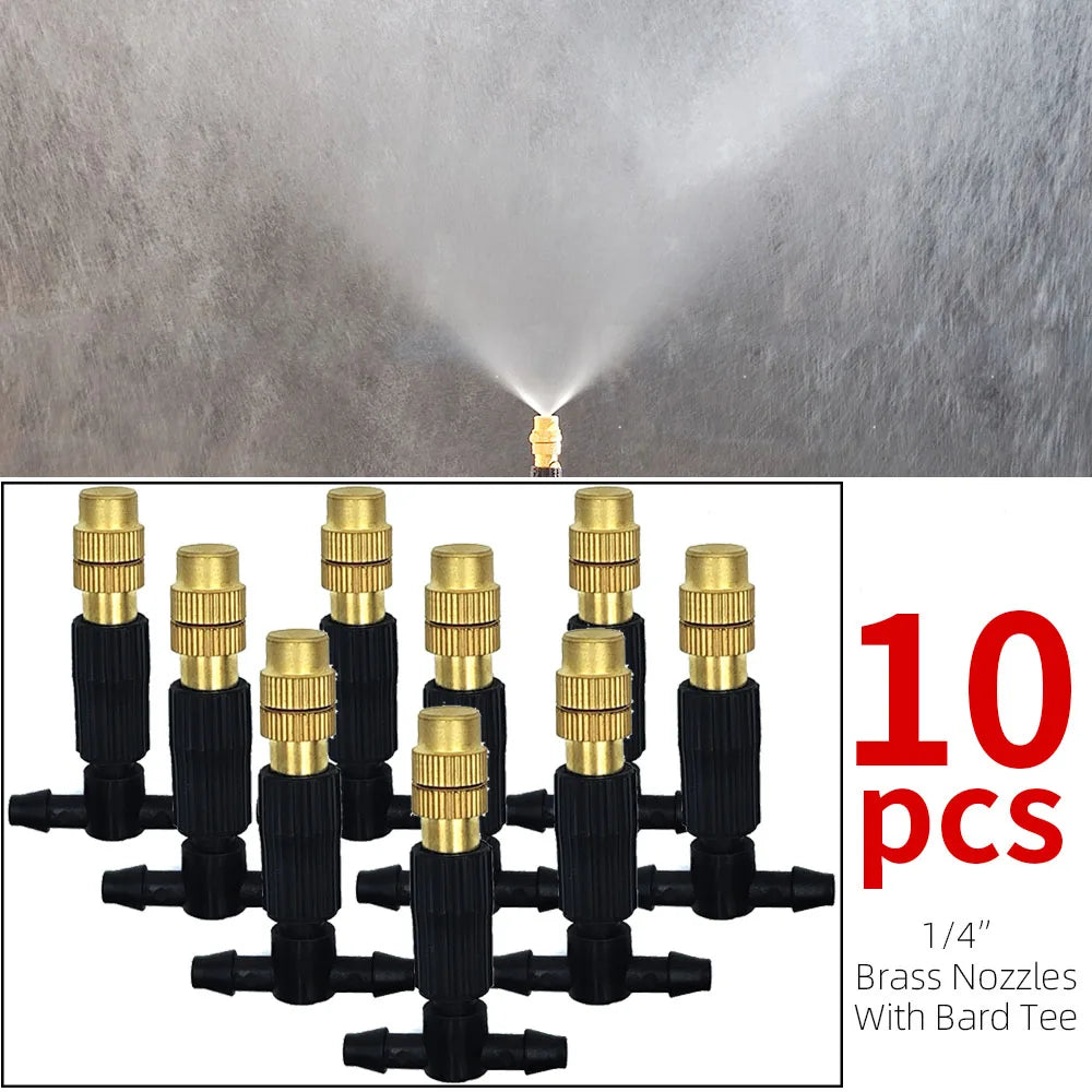 Pack of 10 brass misting nozzles with barbed T connectors on black tubing