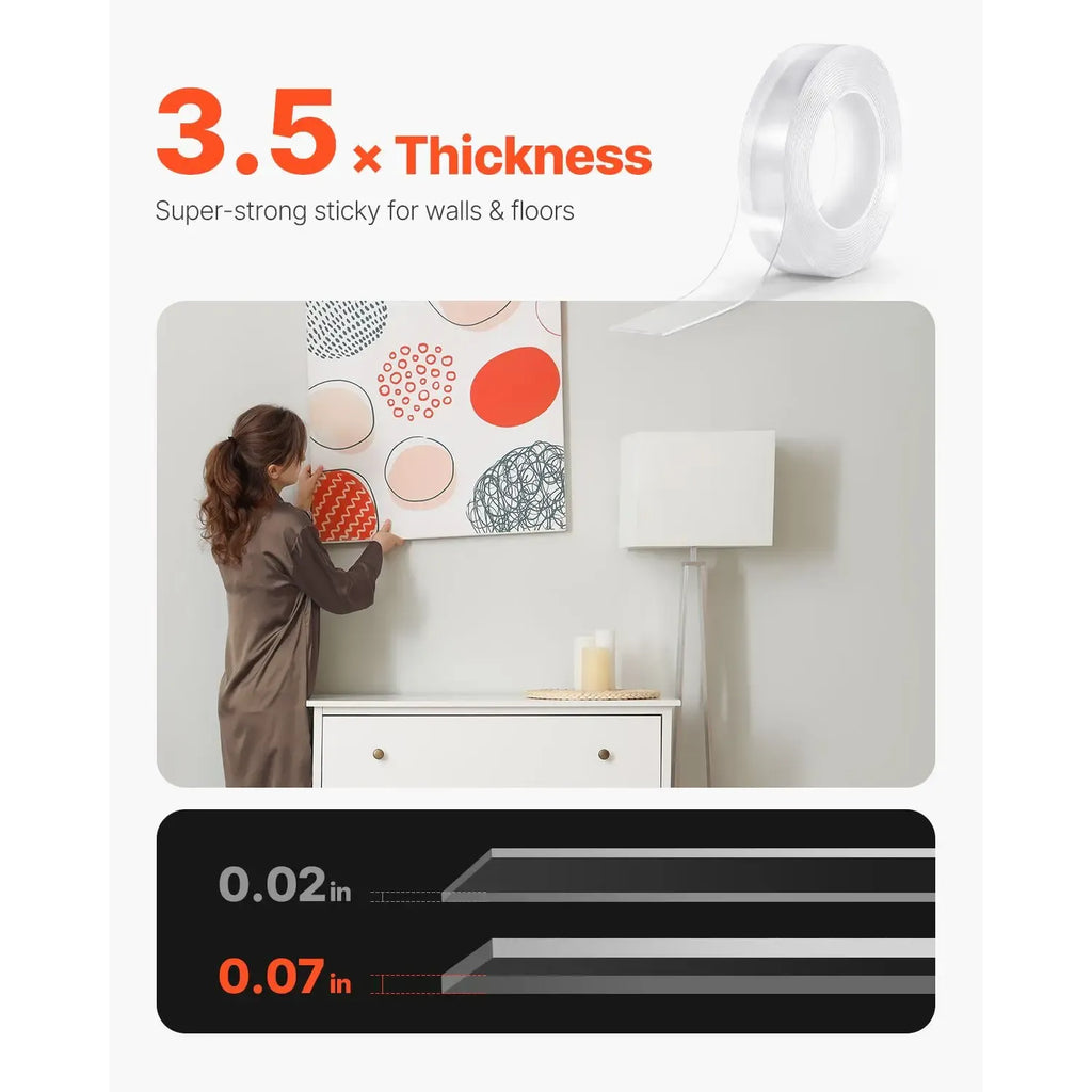 Clear double-sided tape roll with thickness display and extended strip for walls