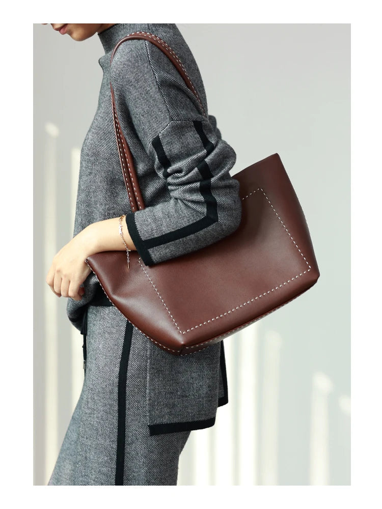 Women Large Capacity Genuine Leather Tote Soft Shoulder Bag
