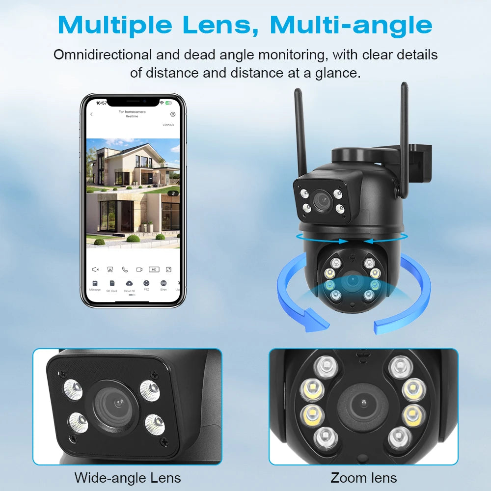 8MP 4K Dual Lens Dual Screens PTZ Wifi Camera AI Human Detection Wireless Outdoor CCTV Security IP Camera
