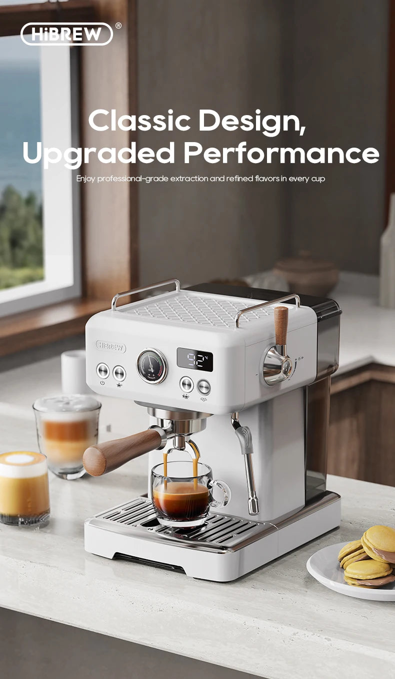 HiBREW white espresso coffee machine with digital display, pressure gauge, and wood-accented portafilter on counter.