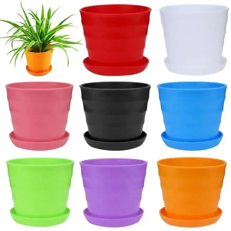 Assorted colorful plastic flower pots for home decor, including red, white, black, blue