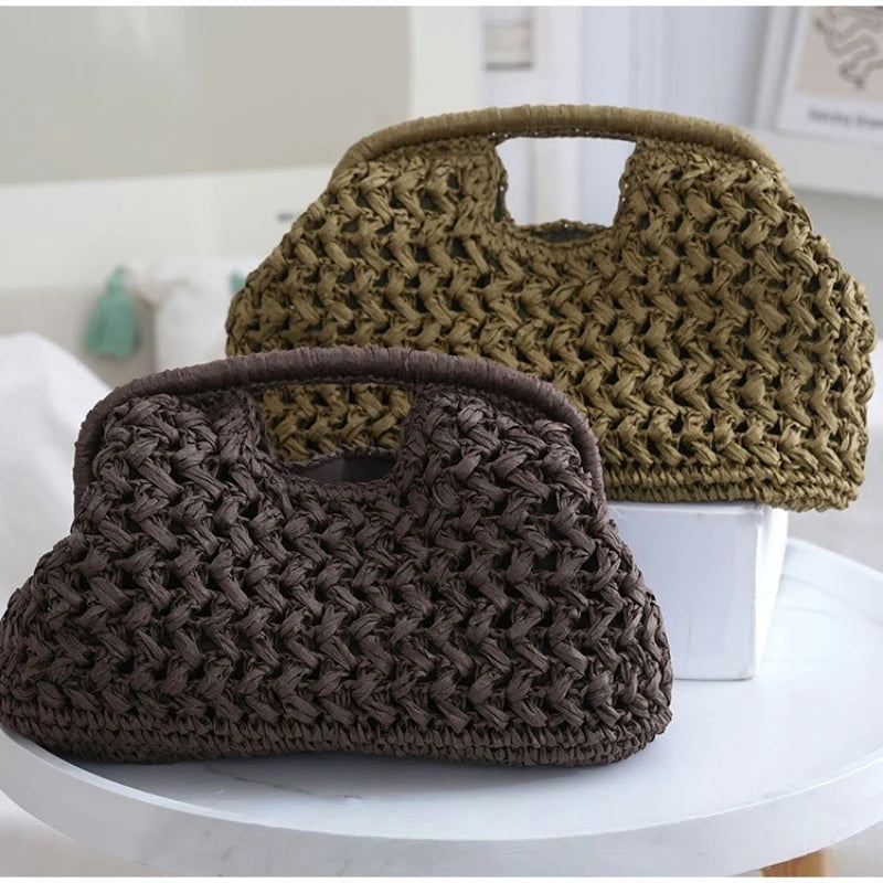 Women's Brand Fashion Clip Handbag, Bohemian Style Large Capacity Travel Woven Bag Popular Elegant Raffia Handmade Crossbody Bag