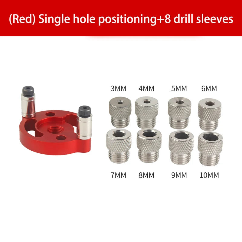 Red single-hole drill guide jig with multiple metal drill sleeves for dowel hole drilling