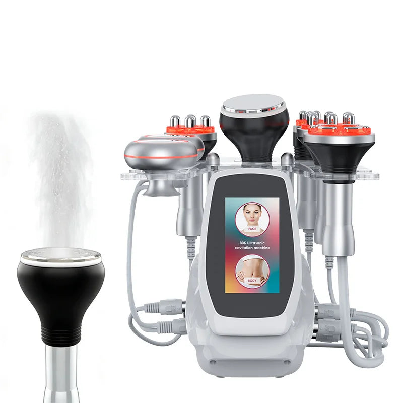 80K ultrasonic cavitation machine with multi-functional probes for body sculpting and facial skin tightening.