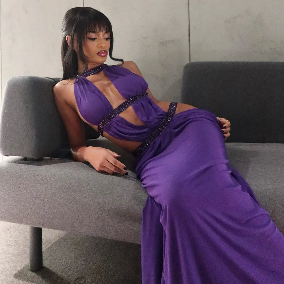 Sexy Women's Maxi Dress Halter Hollow Out Backless Sleeveless Ruched Evening Long Dresses Party Chic Robe Green Purple Summer