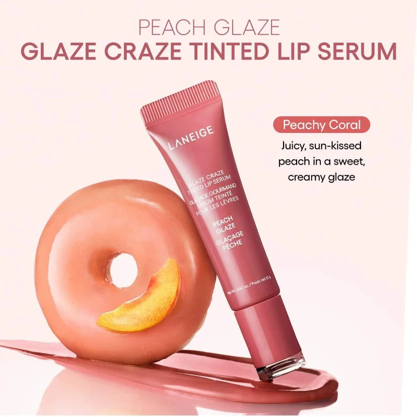 Laneige Glaze Craze Tinted Lip Serum in Peachy Coral, a creamy, hydrating plumping lip gloss with a glossy finish.