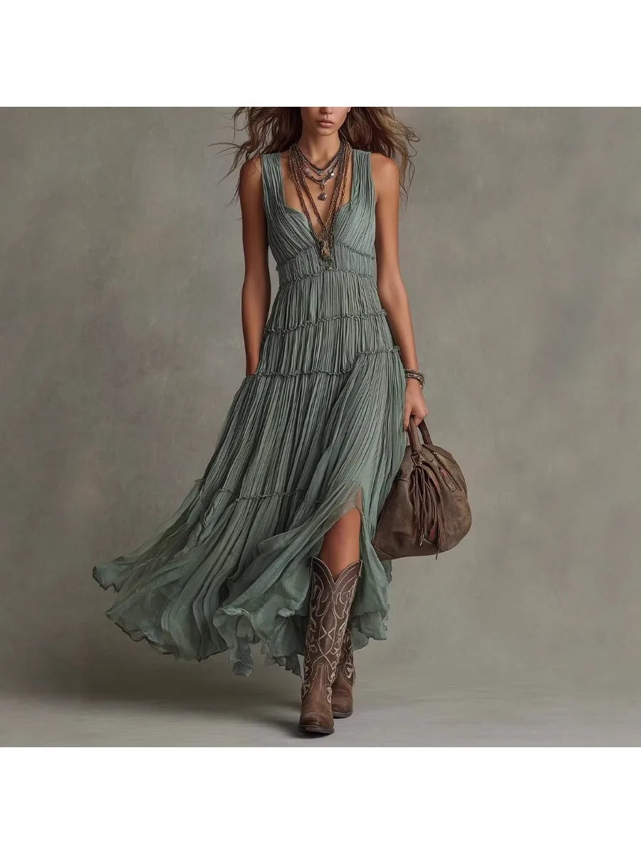 Women's Boho Green Tiered Maxi Dress Sleeveless V-Neck Pleated Flowy Dress Vintage Inspired Chic Boho Maxi Dress for Women