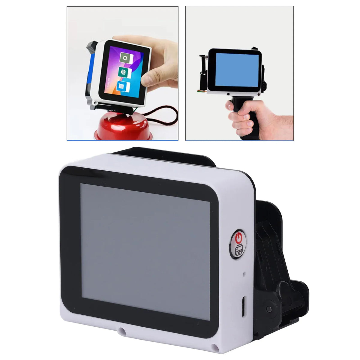Handheld inkjet printer front view with dark touchscreen and side panel details