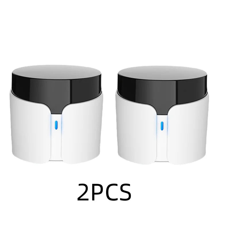 Two-pack white and black smart IR WiFi remotes with blue indicator LEDs