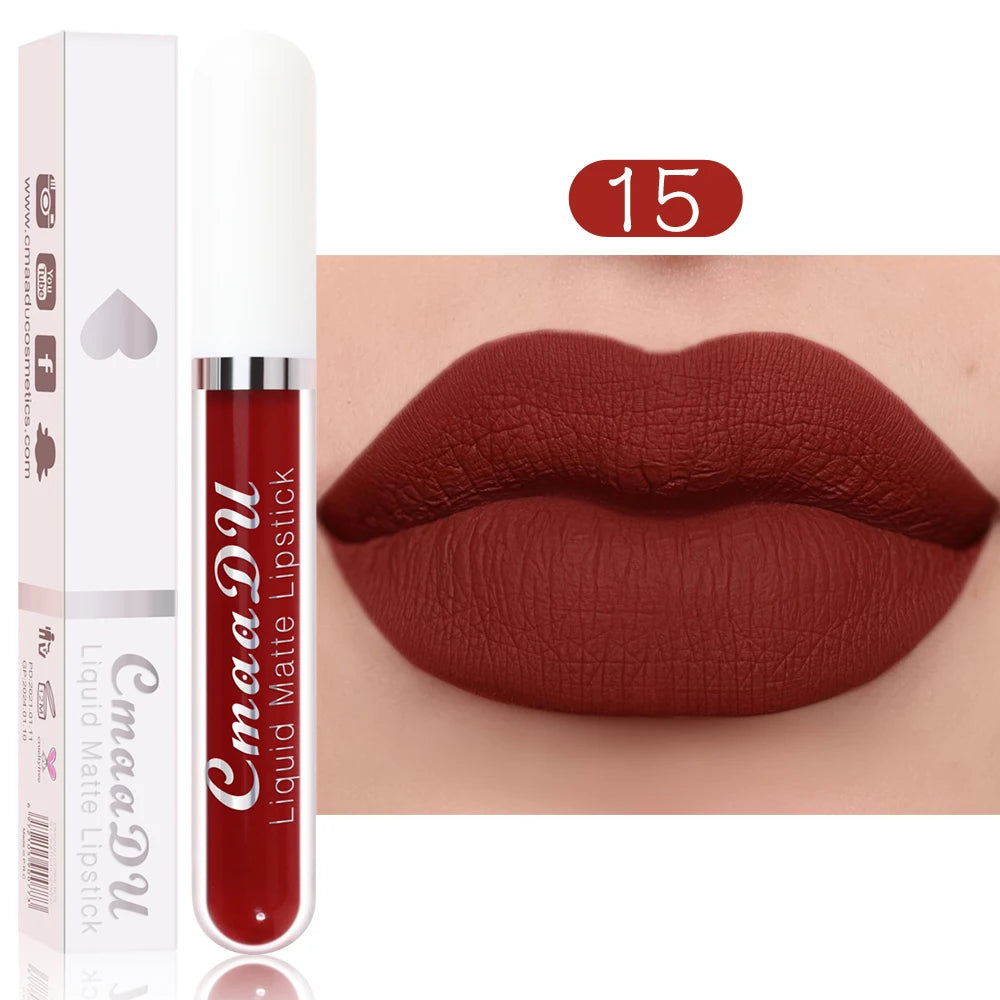 CmaaDu long-lasting matte liquid lipstick in deep red, shade 15, showing a waterproof, non-stick smooth velvet finish.
