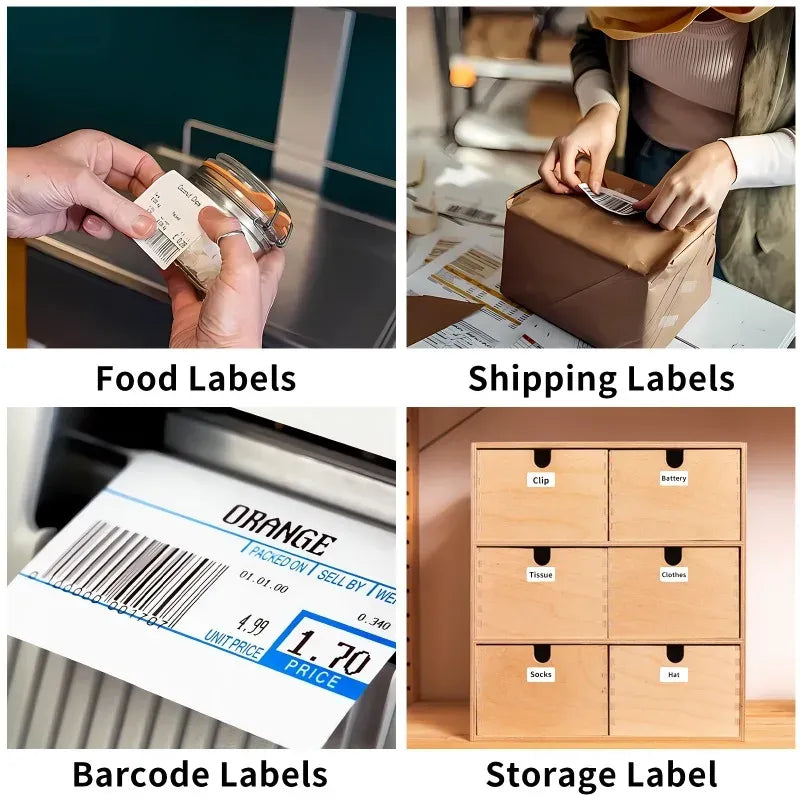 Thermal label set showing barcode, shipping, and food label layouts with white sheets