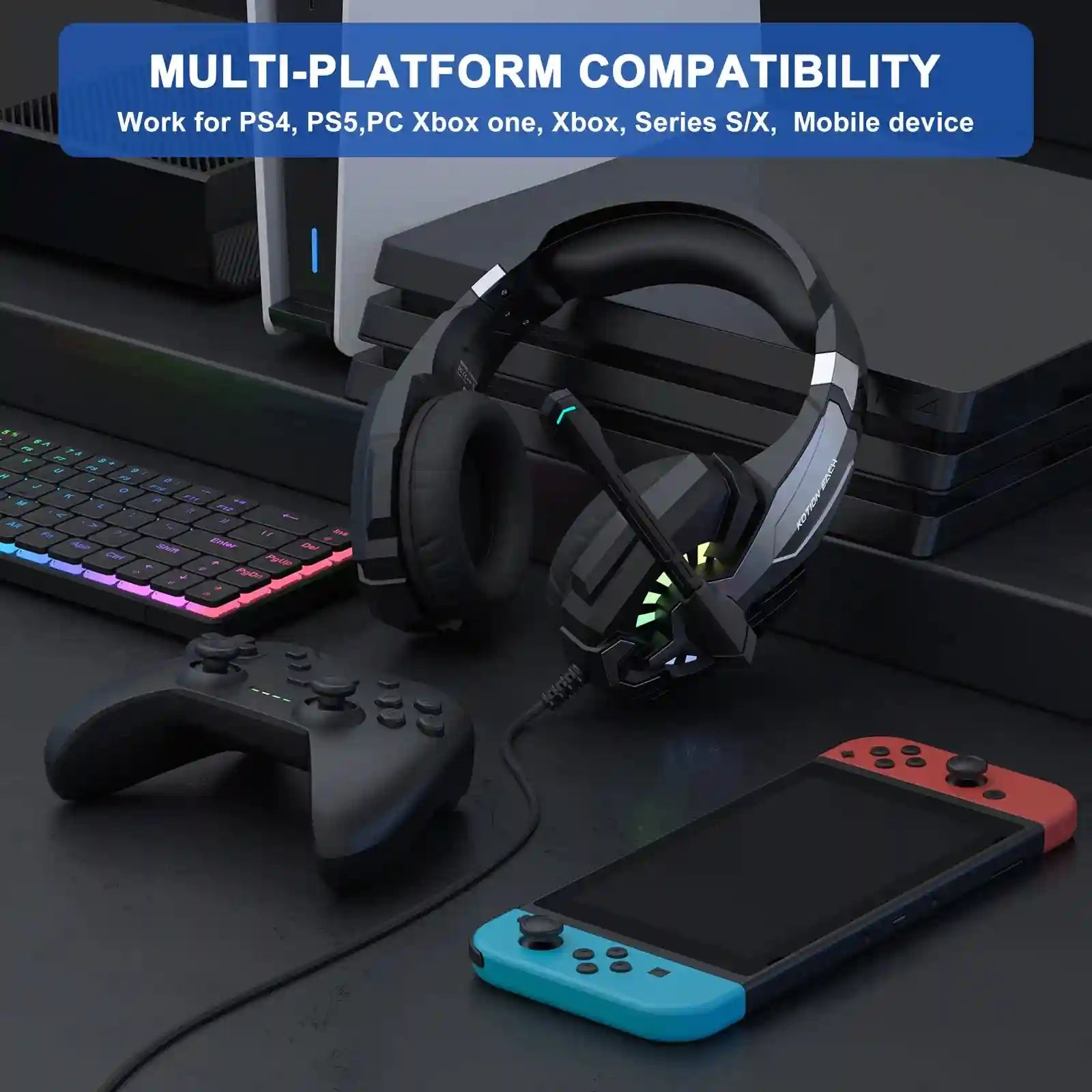 Wired Gaming Headphones With Mic - Over-Ear Noise Cancelling Black/White Tidesmit