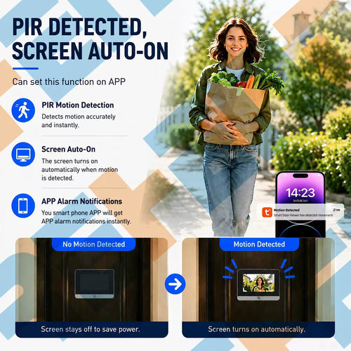 Door peephole viewer with PIR motion detection, auto-on screen, and app alert notifications