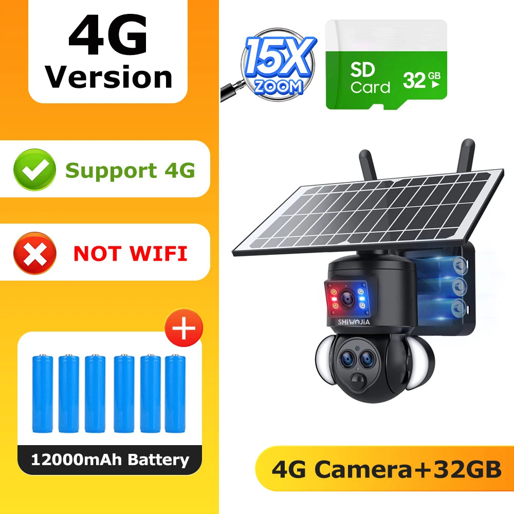Black outdoor solar PTZ security camera with dual lenses and side-mounted antennas