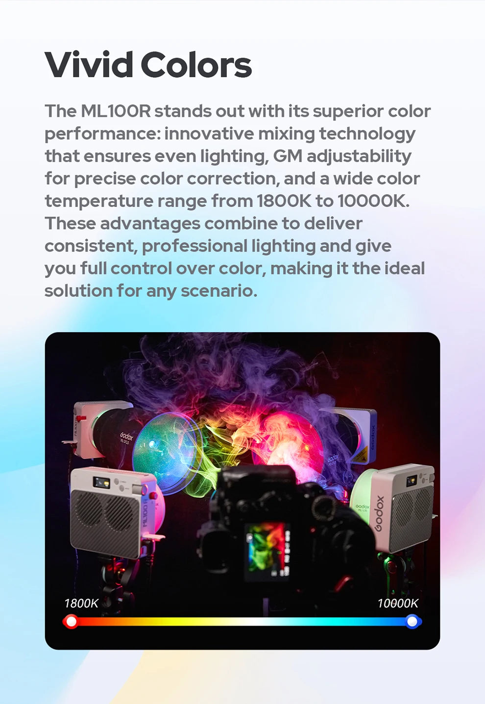 ML100R LED lights with various color diffusers and mounts, used for professional photography lighting effects.