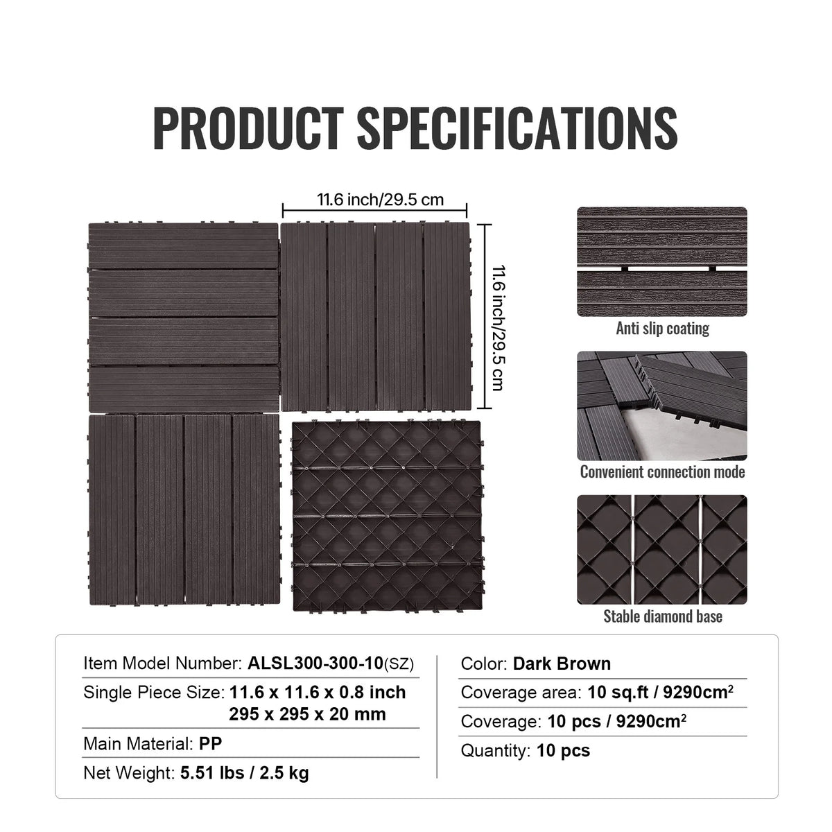 Interlocking dark brown deck tiles, diamond-texture base, 10-piece set
