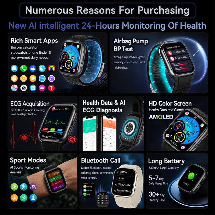 2026New Airbag Blood Pressure SmartWatch NFC ECG+PPG Body Temp Sleep SpO2 Monitor Sports Fitness Health SmartWatch For Men Women