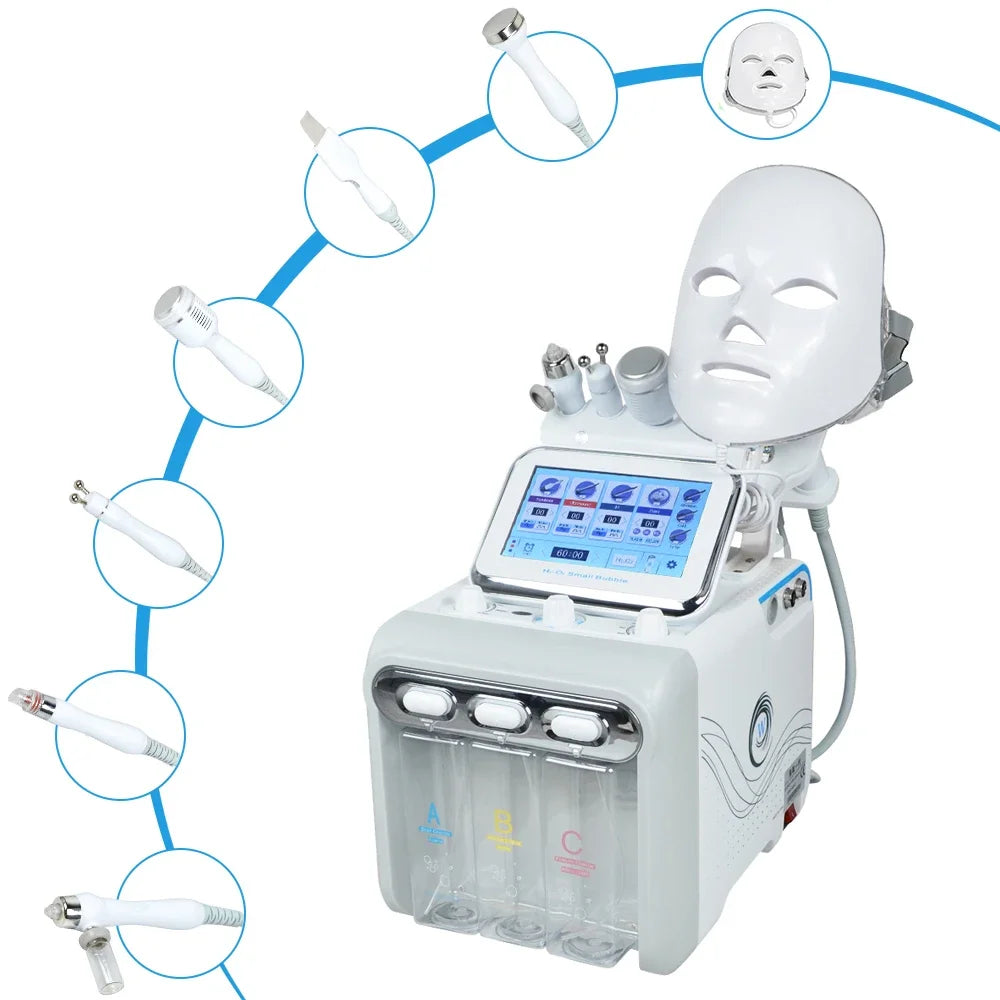 7-in-1 Hydro Facial Machine with LED mask, RF, ultrasonic probe, and cleaning canisters for professional skin care.