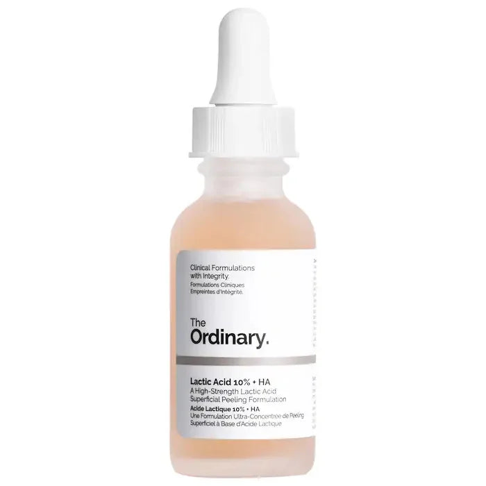 The Ordinary serum bottle with white dropper cap and light beige liquid.