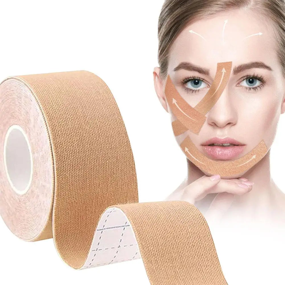 A roll of beige kinesiology tape shown next to a woman with strips applied to her face for lifting and firming.