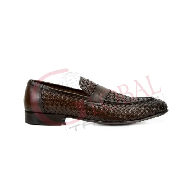Men Woven Leather Penny Loafers Slip On Dress Shoes Luxury Handmade Formal Business Breathable Designer Fashion Footwear