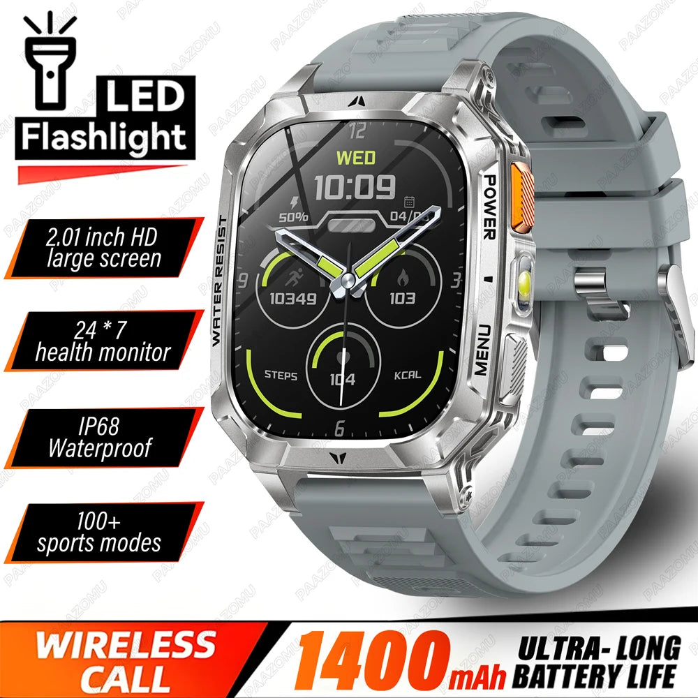 2026 New 1400mAh Big Battery Smart Watch Men Outdoor GPS Flashlight 10ATM Waterproof Bluetooth Call AMOLED HD Sports Smartwatch