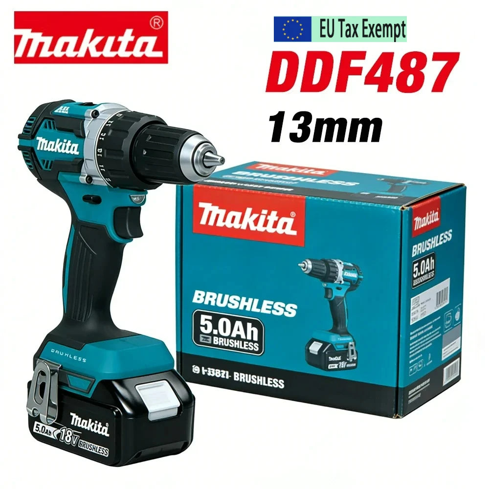 Makita DDF487 13mm Brushless Household 18V Lithium-ion Charging Impact Drill,high Torque Electric Screwdriver Makita 6.0AH BL1860 BL1850 BL184018V Battery