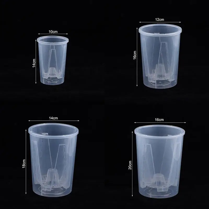 Transparent plastic self-watering flower pot with inner reservoir and drainage holes