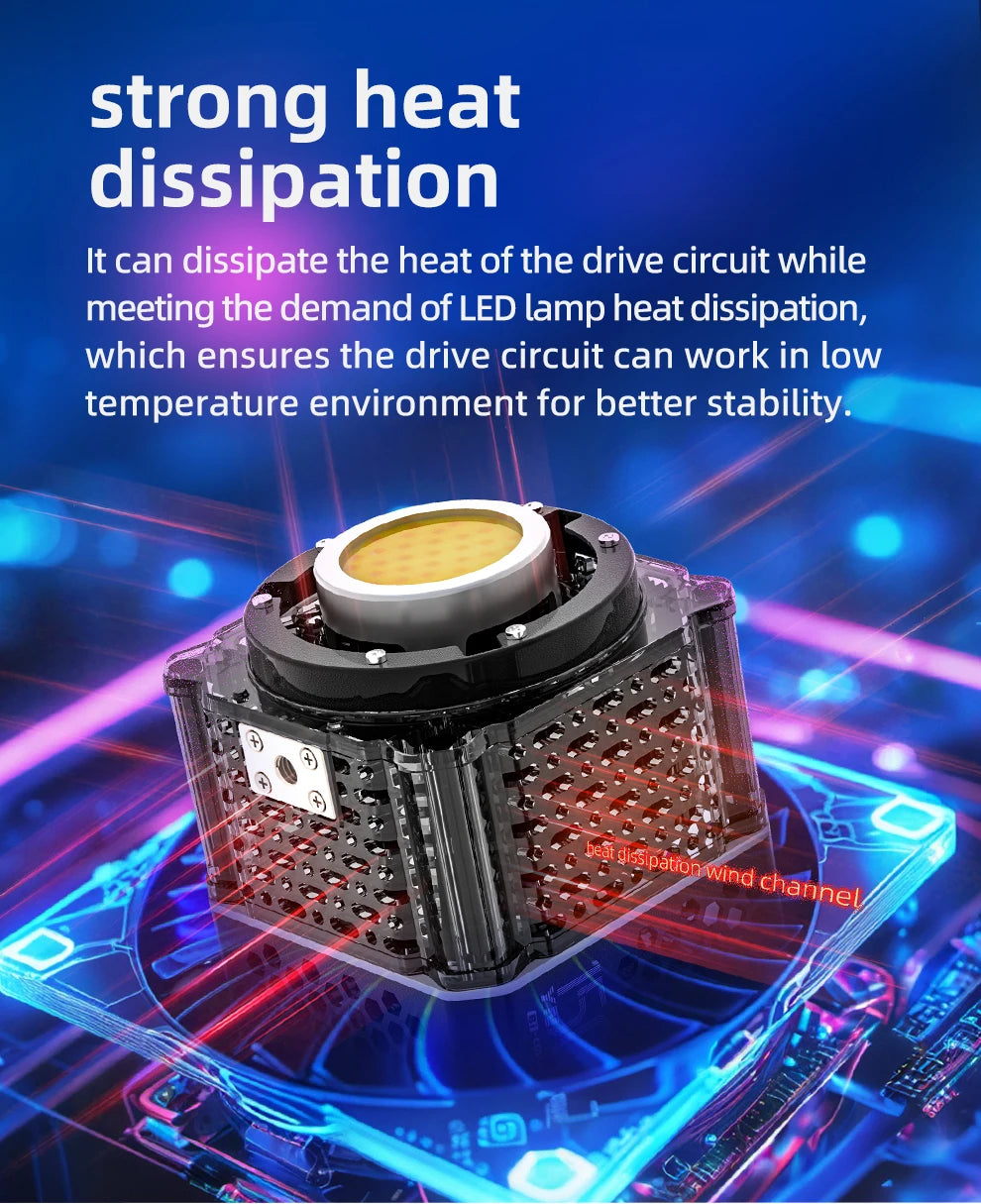 Square black LED heat sink with a circular top yellow light chip and ventilated sides for cooling circuit boards.