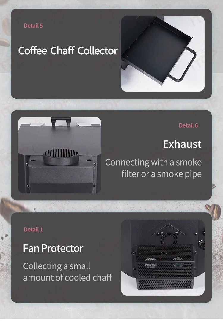 Black metal coffee roaster components: removable chaff collector, exhaust vent, and protective cooling fan cover.