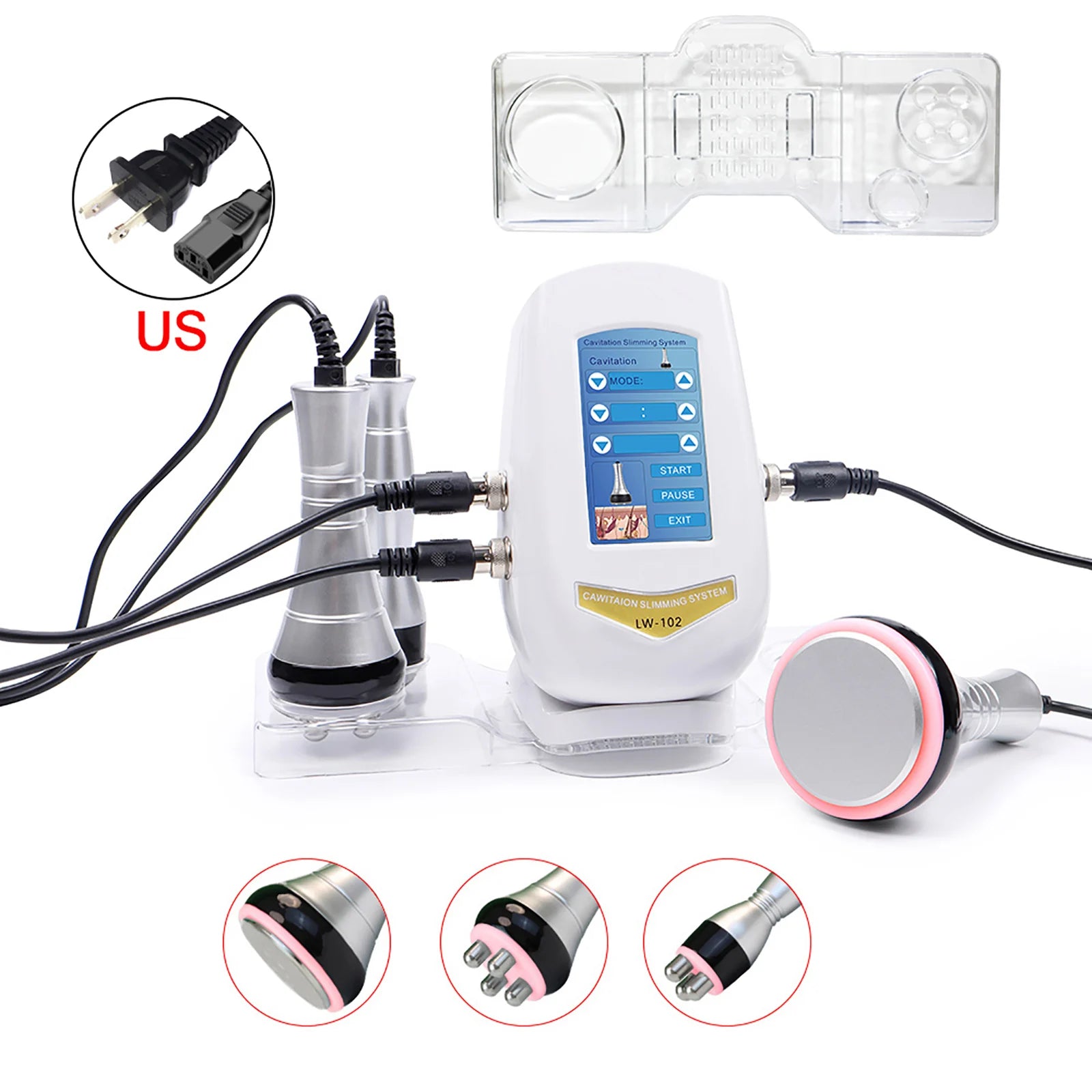 White and silver ultrasonic cavitation slimming machine with multiple wands, screen interface, and power cord.