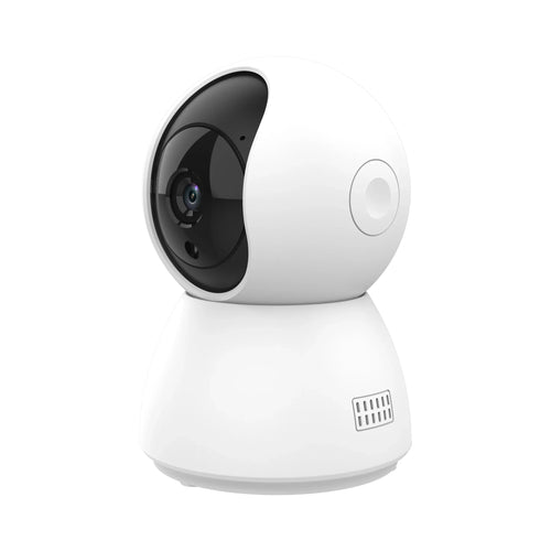 Indoor WiFi security camera, white base with black rotating lens and side indicator button